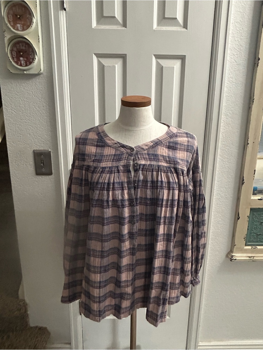 We The Free Pink and Blue Plaid Button-Front Peasant Tunic